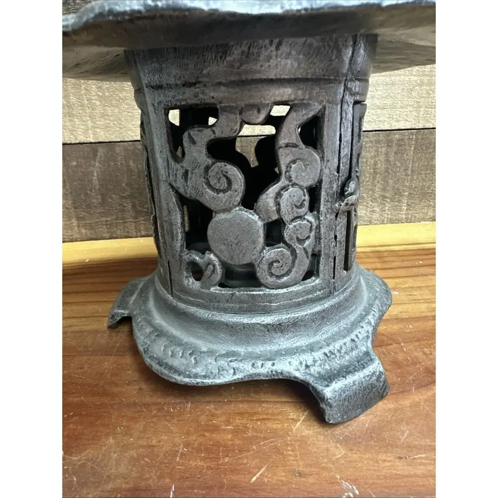 Vintage Japanese Lantern Garden Lamp Birds Bamboo Motif Candle Pagoda Metal